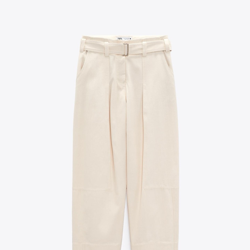 Zara Cream Wide Leg Cotton Pants with Belted Waist L NWT